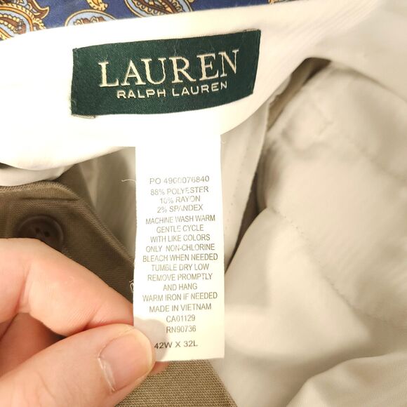 Lauren Ralph Lauren Mens 42x32 Beige Pleated Cuffed Polyester Rayon Dress Pants - Picture 3 of 7